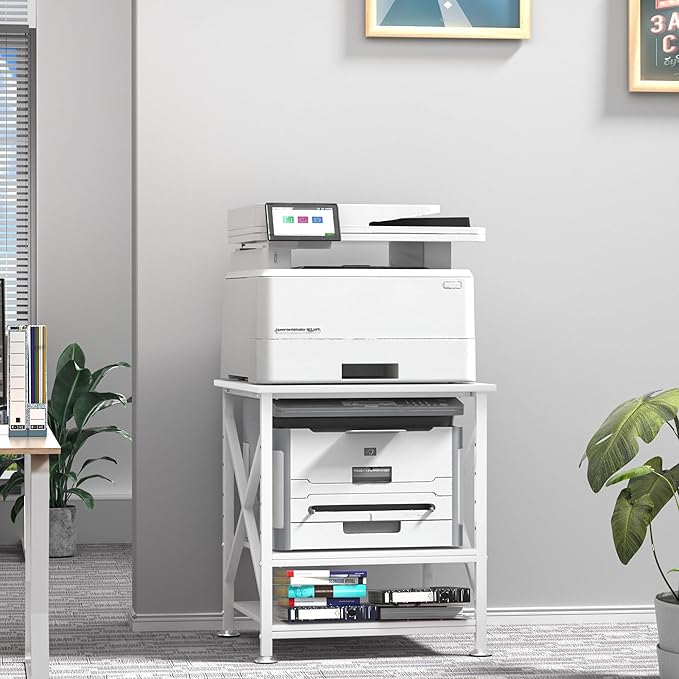 Printer Stand, 23.6 x 23.6 Inches Large Printer Stand with Adjustable Storage Shelf, 3 Tier Printer Table for Home Office, Rolling Printer Cart with Industrial Wheels, Mini Fridge Stand Table, White