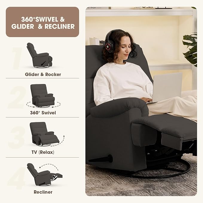 Divanus Dark Grey Glider Rocker Recliner,Swivel Rocking Recliner Chair,Glider Rocking Chair,Reclining Sofa Rocking Chair Nursery,23 Inches Deep Seat & 27 inches High Back,for Living Room