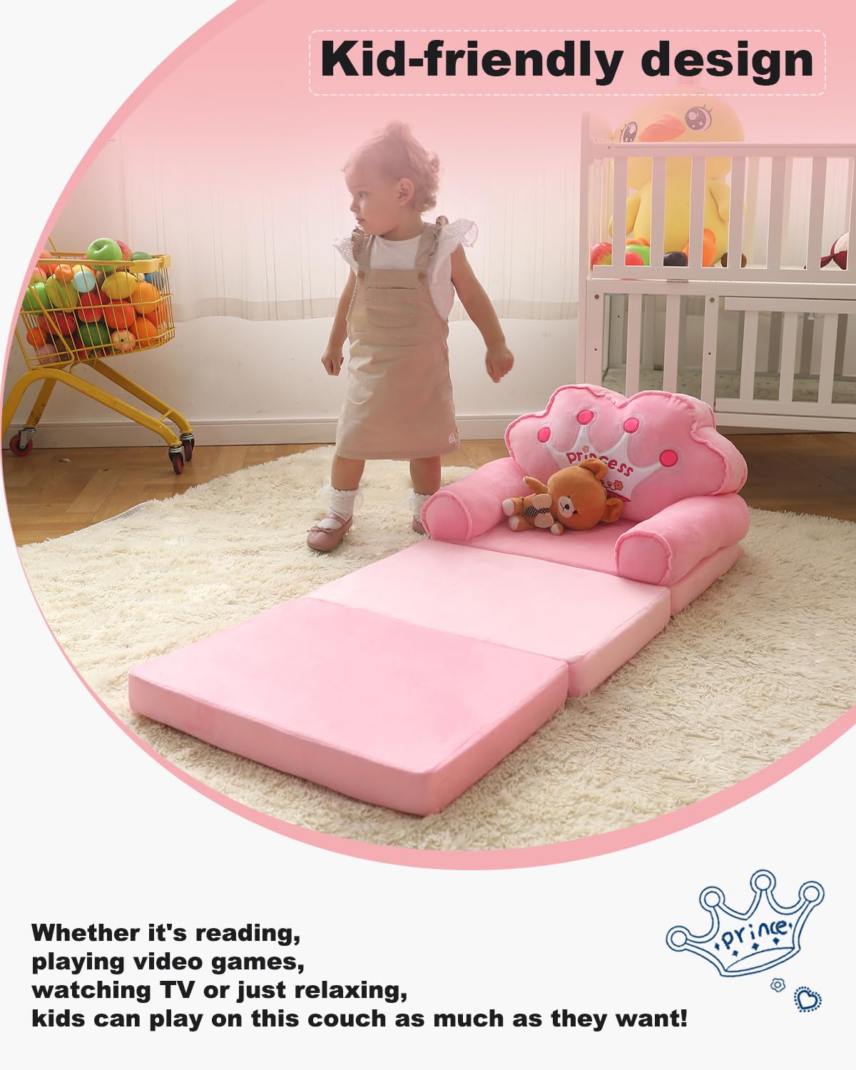 MOONBEEKI Kids Couch Fold Out, Foldable Princess Chair for Toddlers 1-3, Sofa Bed for Kids Folding Toddler Bed Lounger Chair for Bedroom （Pink）