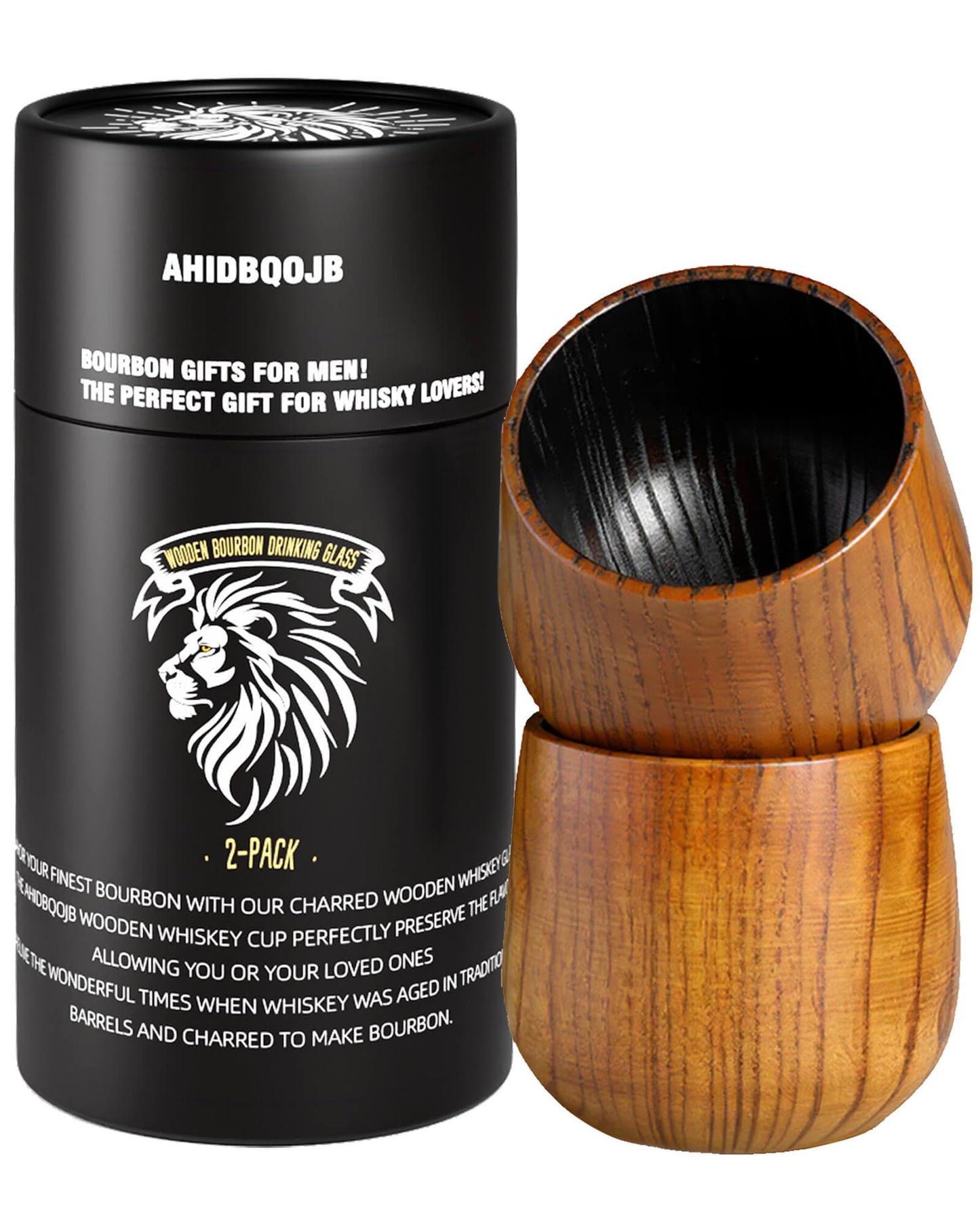 AHIDBQOJB Wooden Bourbon Drinking Glass - Charred Wooden Whiskey Cup - Whiskey Glass for Men - Bourbon Gifts for Men Who Have Everything - Birthday Gifts for Dad Husband Boyfriend or Brother (2 Pack)