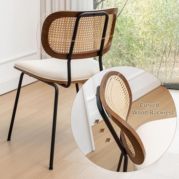 HOCEWI Rattan Dining Chairs Set of 4, Mid Century Modern Dining Chairs with Cane Back for Kitchen Dining Room, 19 Inch Faux Leather Beige