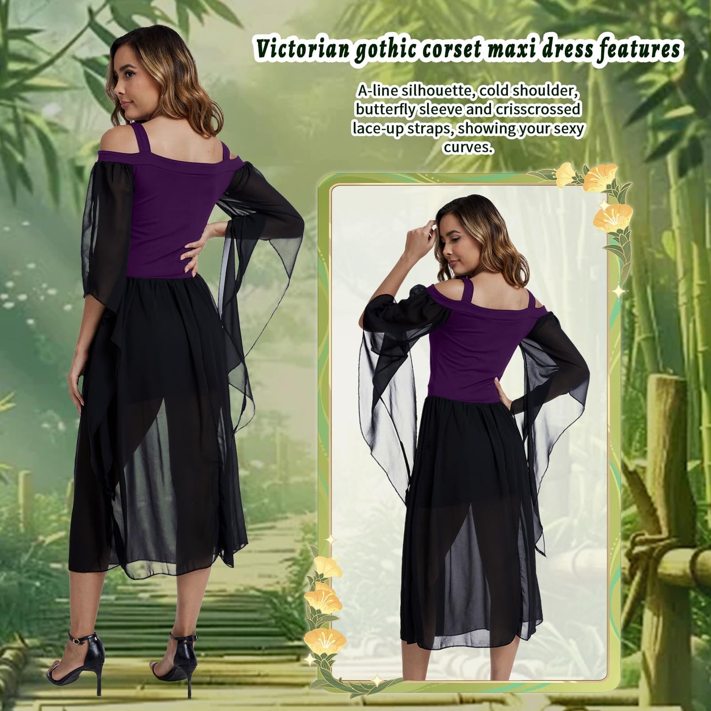 rumnigh Renaissance Gothic Dress for Women Victorian Flare Long Sleeve Sexy Dress Cosplay Party Halloween Costumes for Womens (Purple, Large)