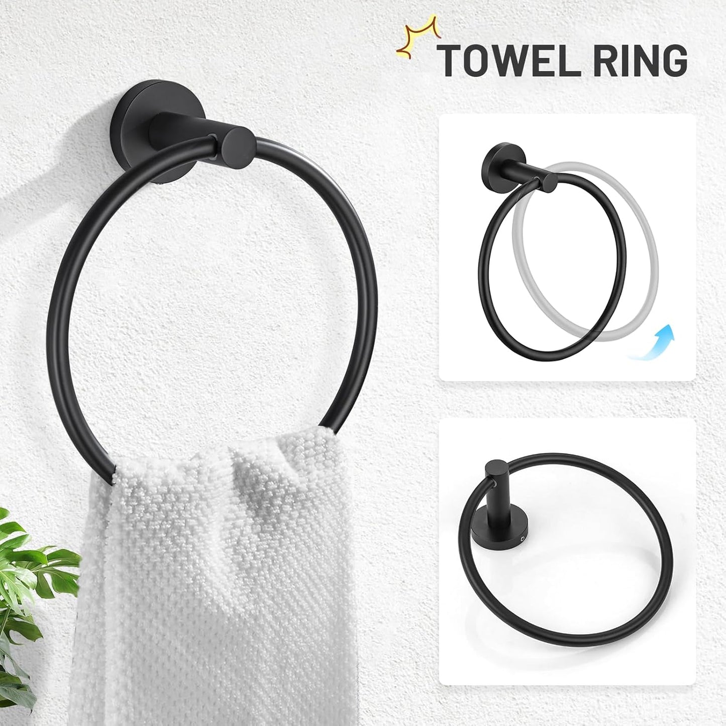 TURS Matte Black 5 Piece Bathroom Hardware Set, SUS304 Stainless Steel Bath Towel Bar Set, 24 Inch Round Bathroom Accessories Kit Wall Mounted
