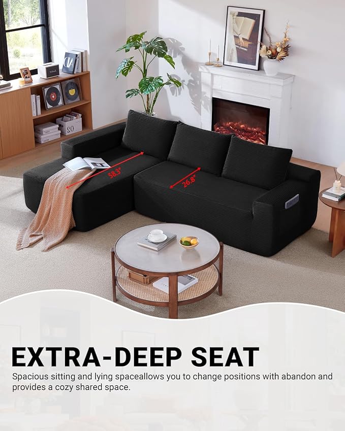97" Cloud Sectional Couch,Modern Modular Sectional Sofa with Deep Seat,Corduroy Boneless Couches with L-Shape Chaise for Living Room Bedroom,No Assembly Required (Black, 97" Left Facing Chaise)