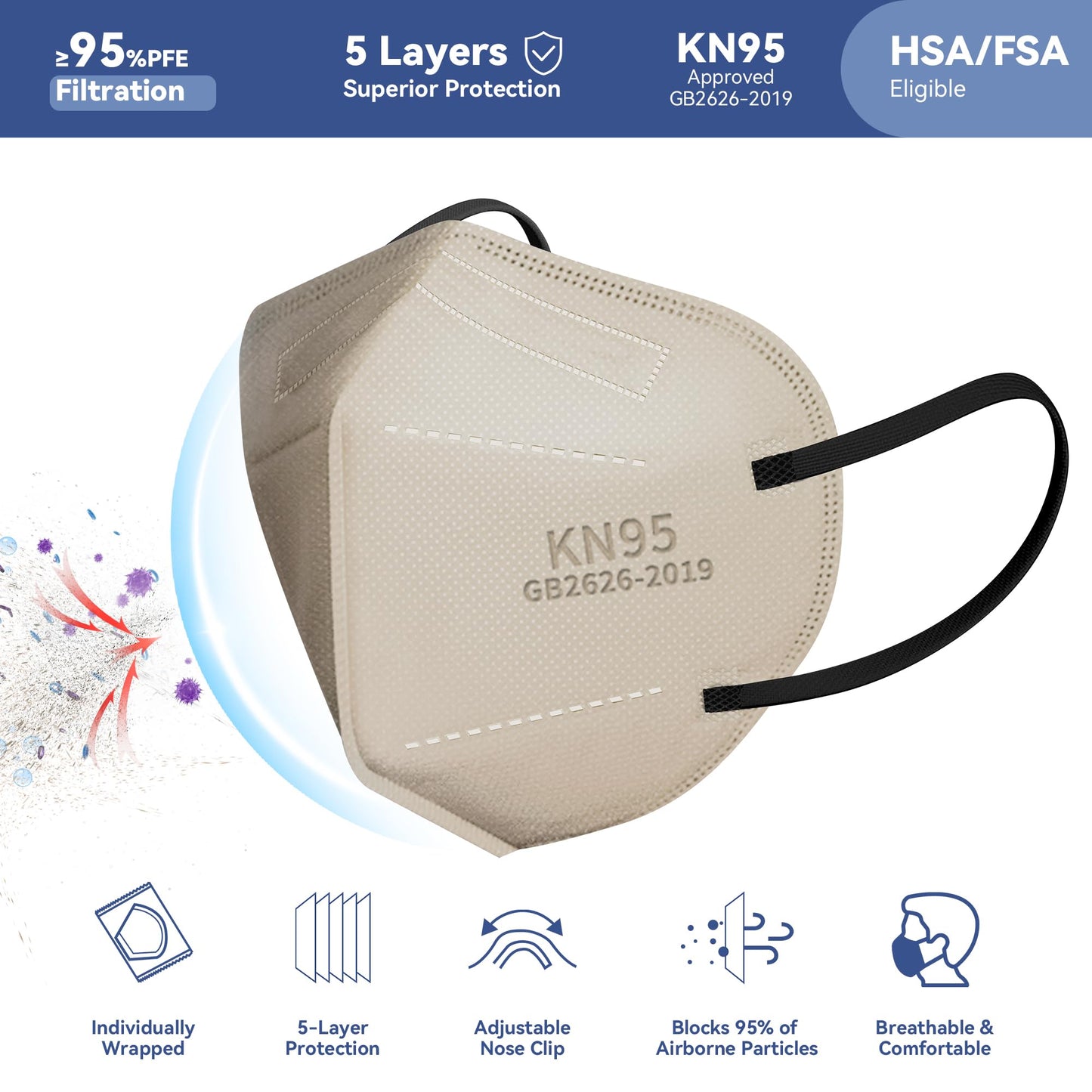 KN95 Face Masks Adults Disposable - 100 Pack KN95 Masks Protective Comfortable KN95 Masks 5-Layer KN95 Breathable Safety Face Masks & 5 Adjustable Mask Holder KN95 Masks 10 Colors