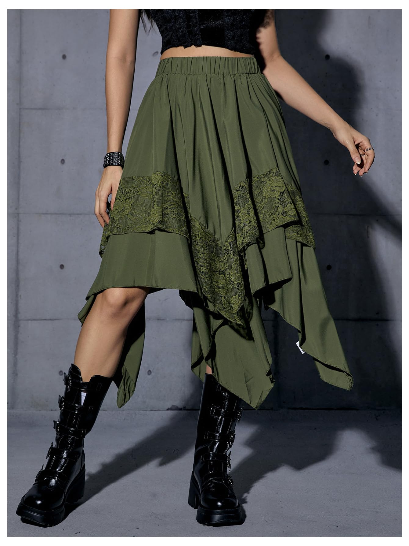 Verdusa Women's Renaissance Flowy Fairy Skirt Y2k Contrast Lace Layered Asymmetrical Midi Skirts Army Green X-Small
