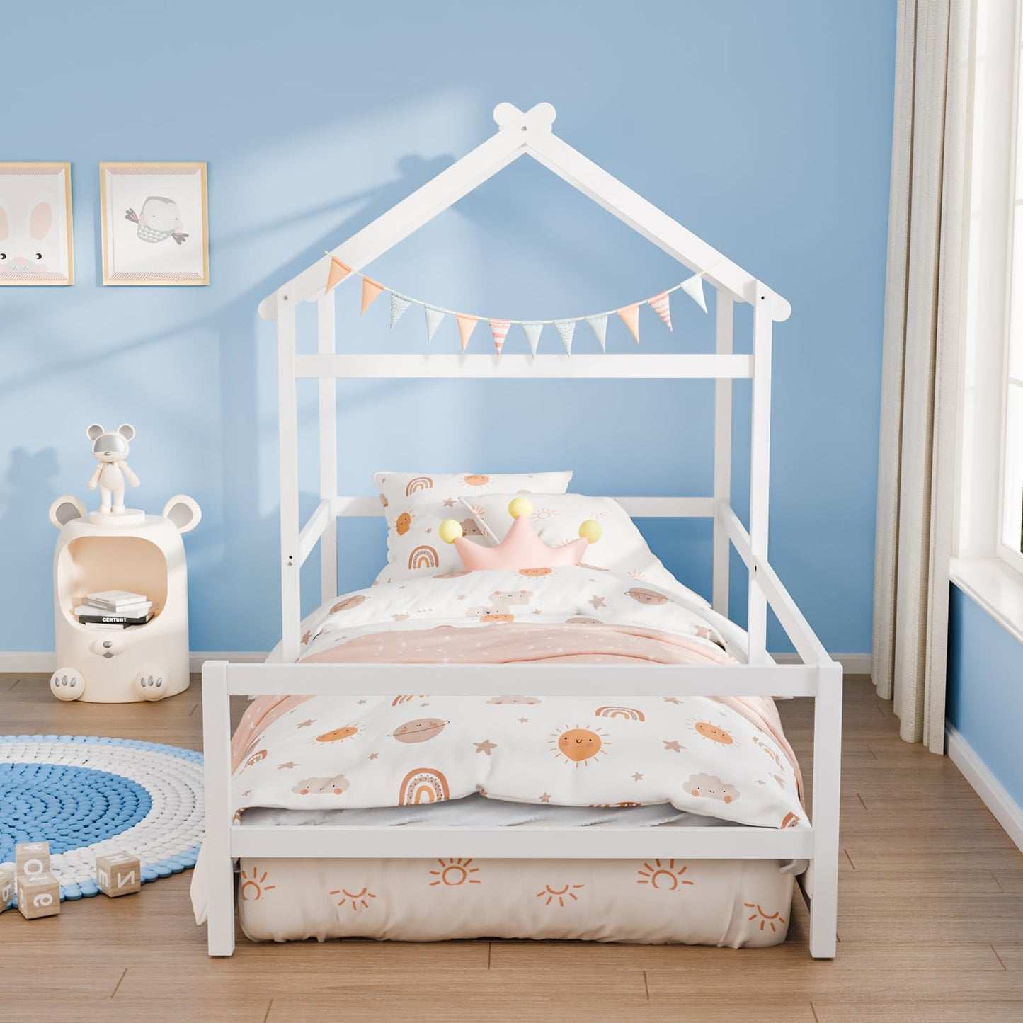 VALUE BOX Twin House Floor Bed Frame with Roof, Wooden Montessori Bed with Safety Fence, Kids Bedroom (White)
