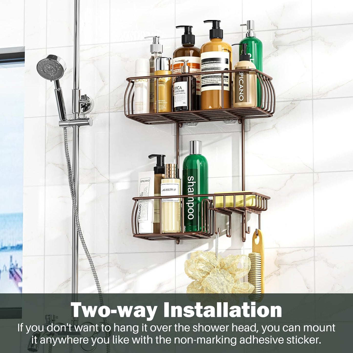 Epicano Shower Caddy Hanging, Anti-Swing Over Head Shower Caddy Rustproof with hooks for Towels, Sponge and more, Bronze