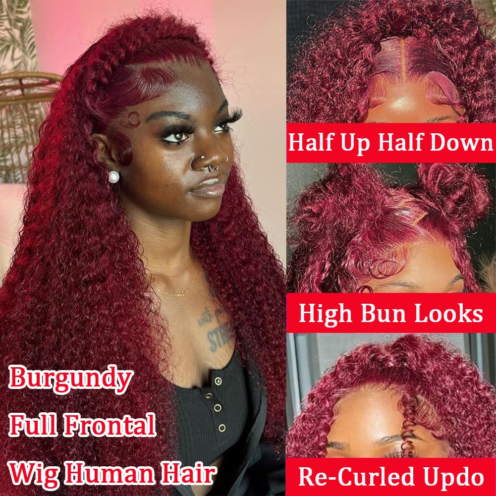 Simeider 22 Inch Burgundy Lace Front Wigs Human Hair 13x6 Deep Wave HD Lace Front Burgundy Curly Frontal Wigs Human Hair Pre Plu