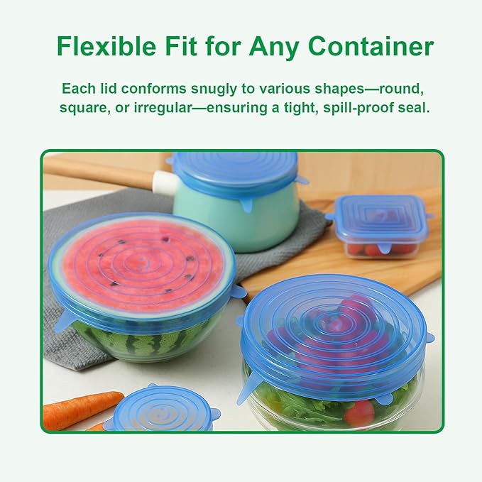 Silicone Stretch Lids – 12 Pack Reusable Food Covers,Flexible Silicone for Bowls, Containers, Fruits – Airtight & Leakproof Seal for Kitchen Storage (Blue)