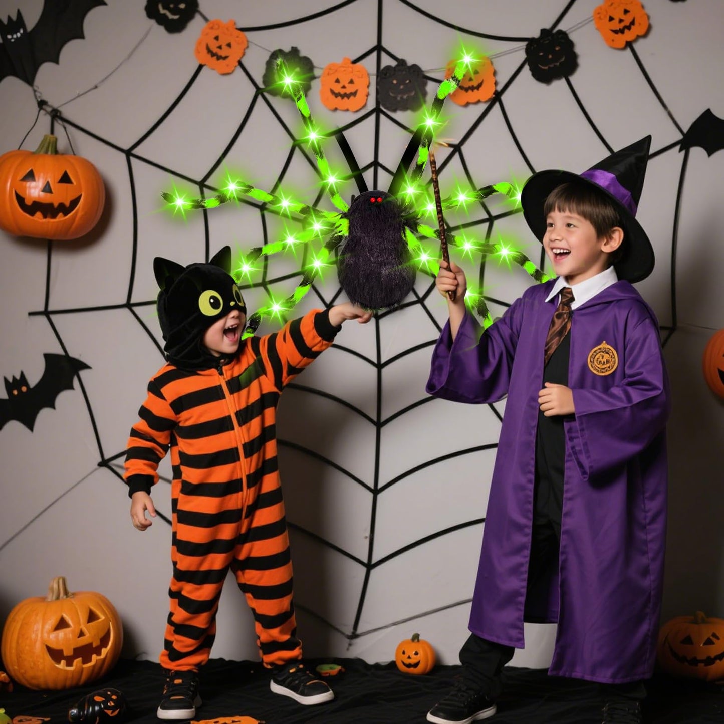 Thuodo Halloween Green Light-Up Spider Costume for Kids & Adults, LED Giant Spider Backpack with Headband, Creepy Spider Outfit with 60 Lights, Halloween Party Trick or Treat Gear– Battery Required