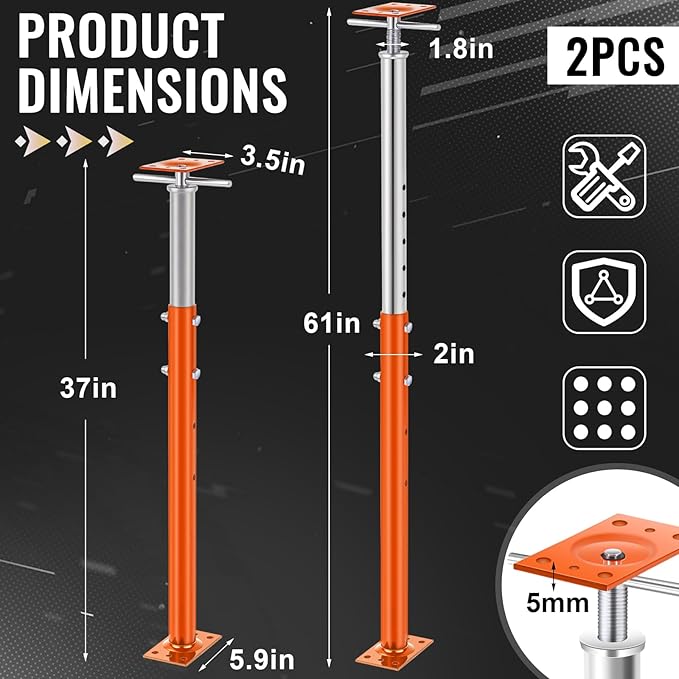 Yaocom 2 Pcs Adjustable Jack Post, 37"-61" Height Range, Basement Floor House Screw Jacks for Lifting Joist Beam Brace for Cellar Ceiling, Center Point Load Capacity 11023 Lbs, Orange