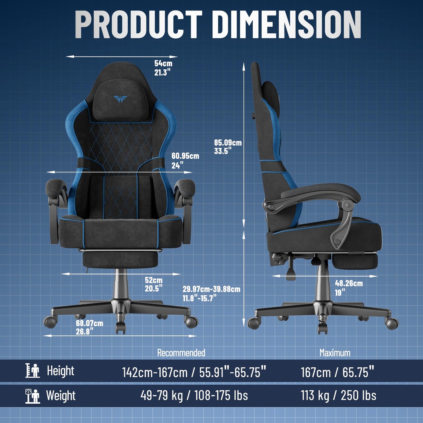 Huracan Ergonomic Gaming Chair Velvet Fabric, Massage Game Chair with Footrest for Adults, High Back Racing Computer Chair Lumbar Support Extended Seat for Home Office Video Game, Black and Blue