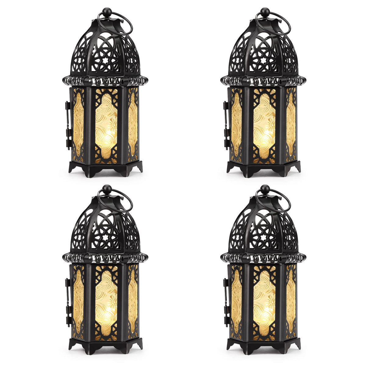 Metal Candle Holder 4PCS Transparent Glass Moroccan Style Hanging Lanterns Creative Wedding Home Tabletop Decoration Birdcage, Black