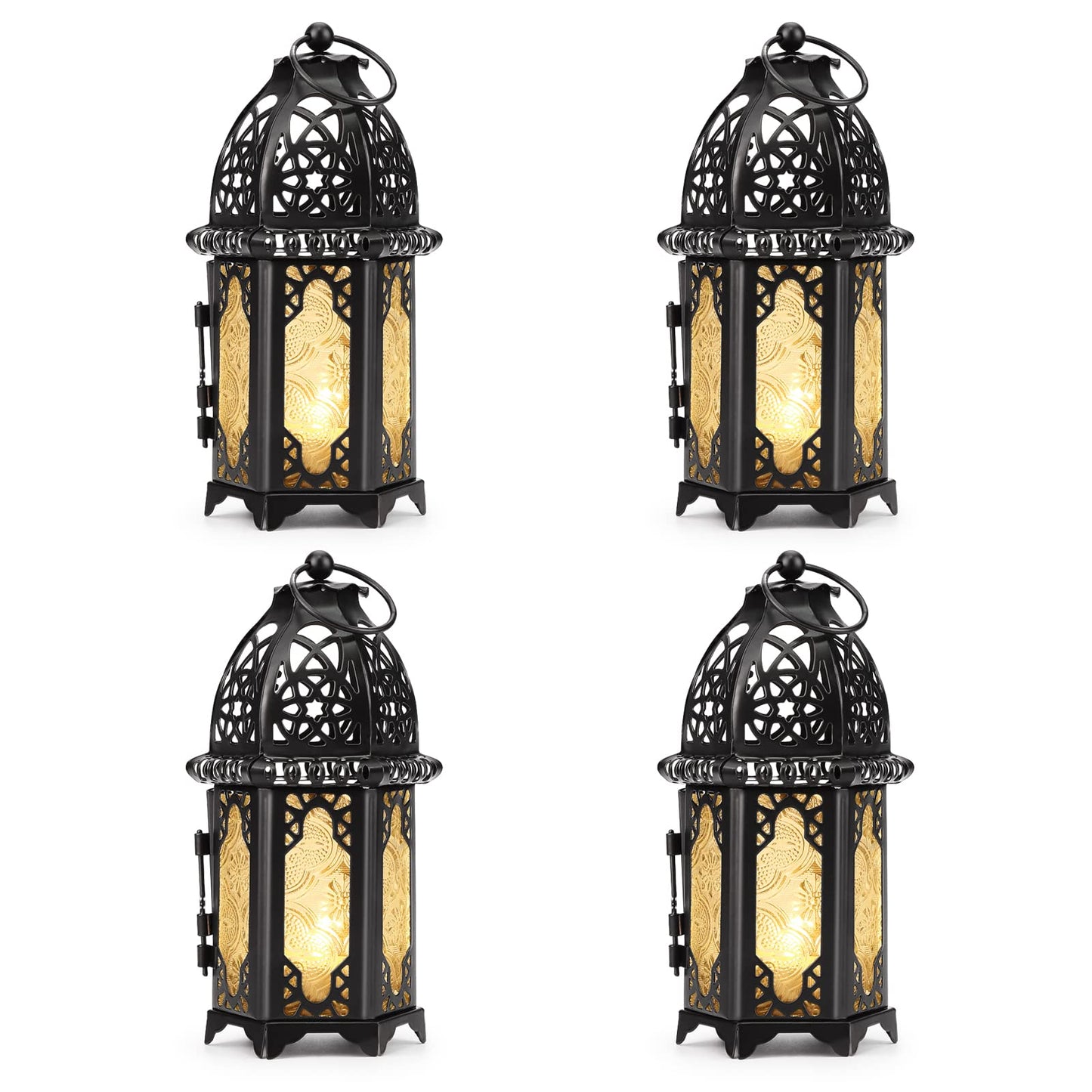 Metal Candle Holder 4PCS Transparent Glass Moroccan Style Hanging Lanterns Creative Wedding Home Tabletop Decoration Birdcage, Black