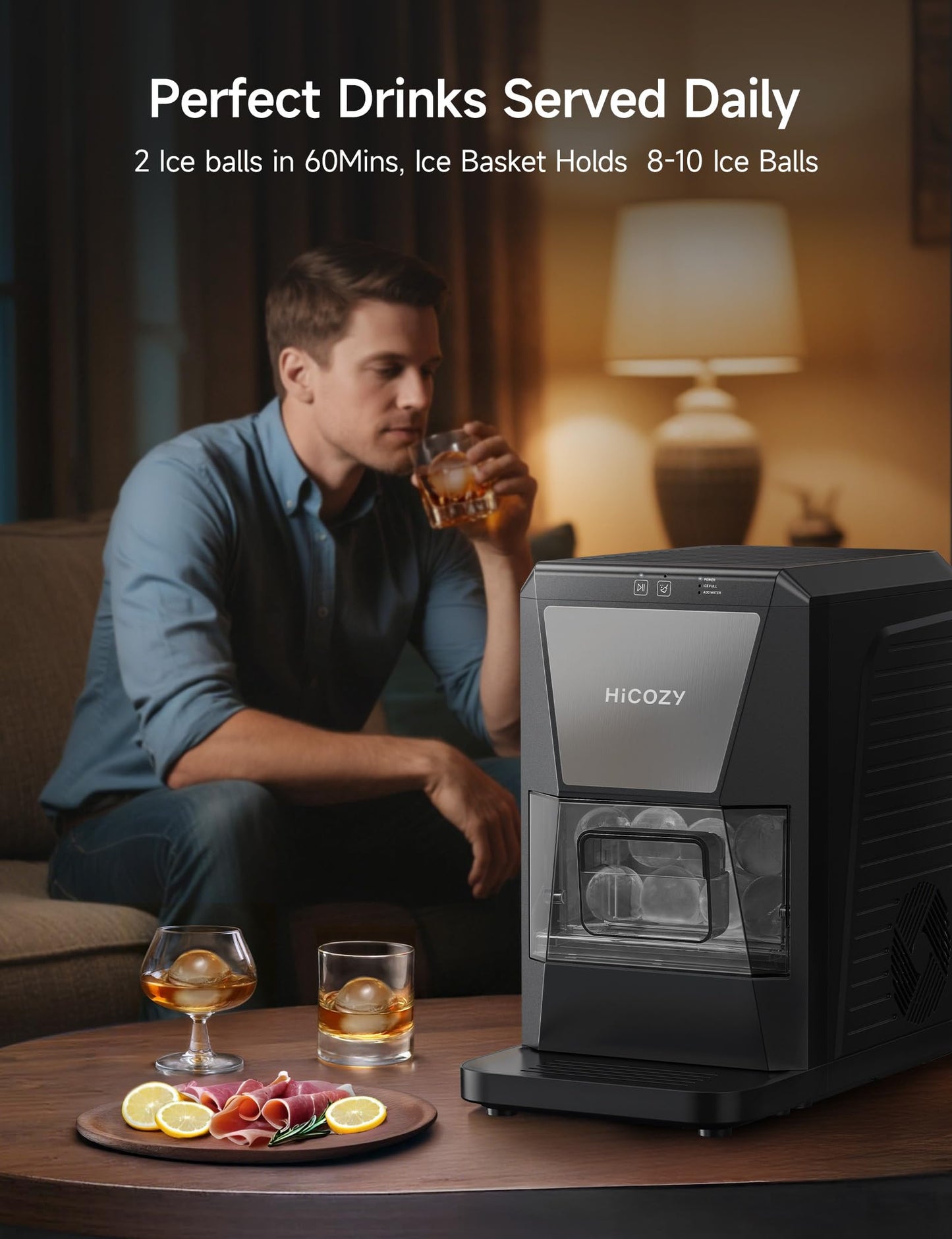 HiCOZY B1 2" Clear Ice Ball Maker Countertop,Sphere Ice Maker, 2 Big Balls in 60Mins,40 pcs/Day, Self-Cleaning Ice Machine with Ice Tong for Cocktails, Whiskey, Present for Dad