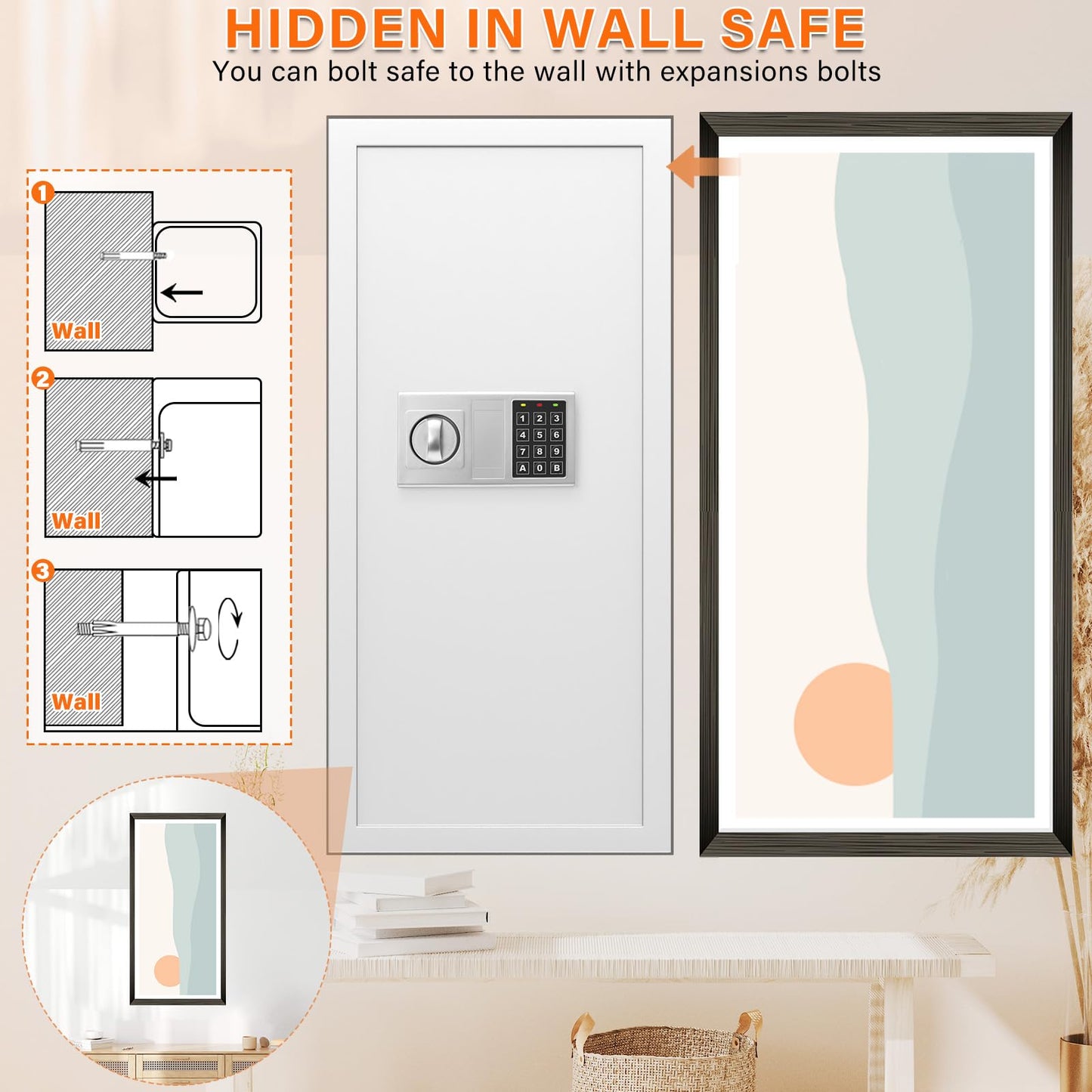 White 29.53" Tall Fireproof Wall Safes Between the Studs 16" Centers, Heavy Duty Combination Lock in Wall Safe with 3 Removable Shelf, Hidden Safe for Money, Jewelry, Document, Passport