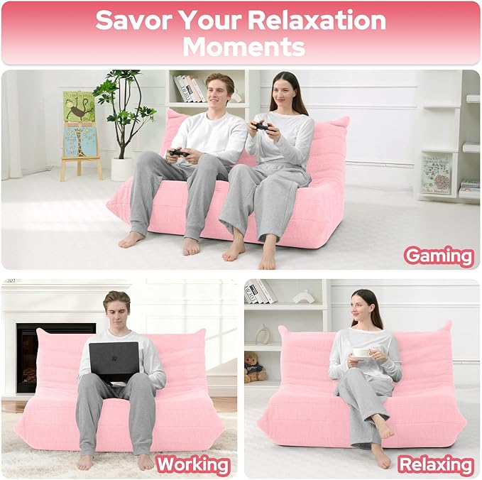 HABUTWAY Bean Bag Chairs Fireside Lazy Floor Sofa, Soft Teddy Fleece 2 Seater Sofa with High-Resilience Foam Filling，Beanbag for Living Room, Bedroom, Office (Pink Teddy)