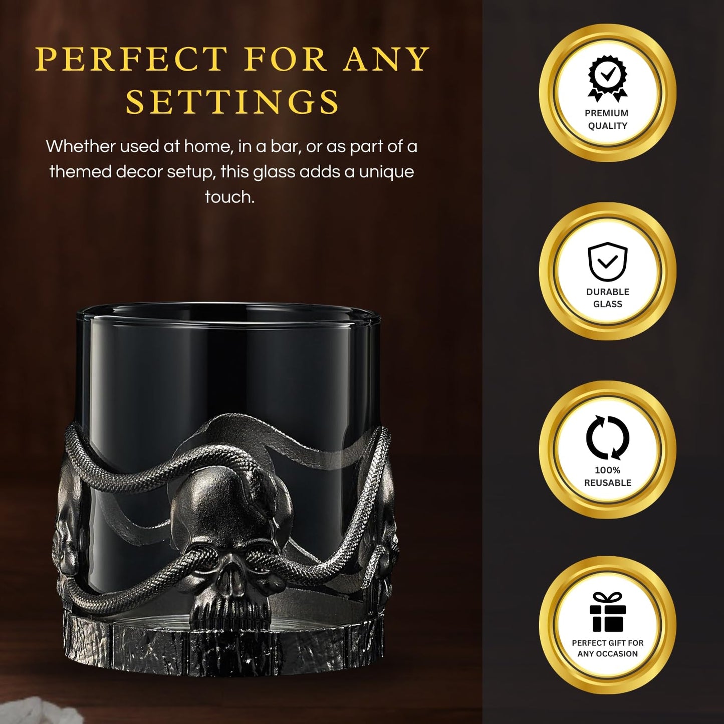 Skull & Snakes Pewter 2x Set Whisky Glasses, Whiskey, Wine, Beer & Water -12.5oz - Water, Rum, Brandy & Scotch, Elegant, Goth Gift Spooky Crystal Cup, Gifts Men & Women, Old Fashioned Skulls Glass