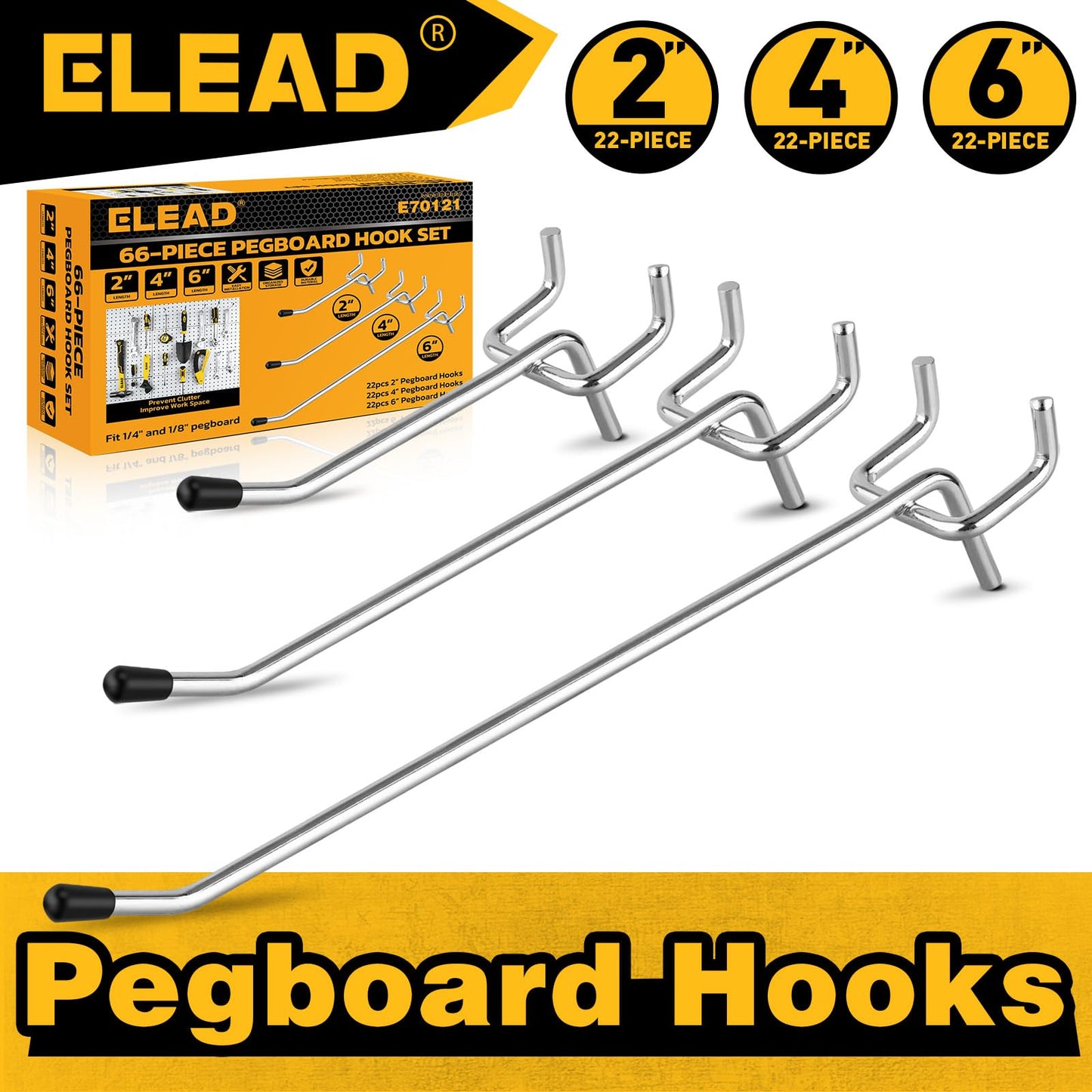 ELEAD 66-Piece 2/4/6 Inch Pegboard Hooks, Heavy Duty Peg Board Organizer Accessories, Peg Board Tool Hangers Fit for 1/4" and 1/8" Pegboard Hanging Tools Garage, Workshop, and Craft Storage