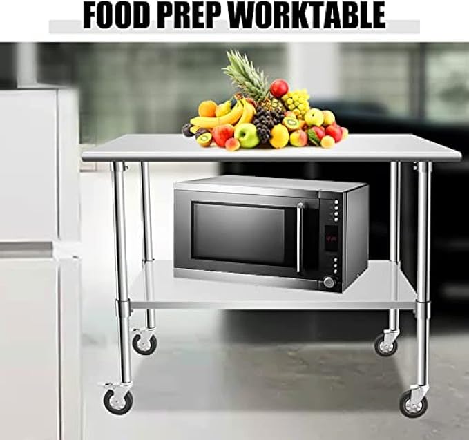 Stainless Steel Table - Metal Table Cart - Commercial Workbench with Caster Wheel - NSF Certified - for Restaurant, Warehouse, Home, Kitchen, Garage,48''x24''