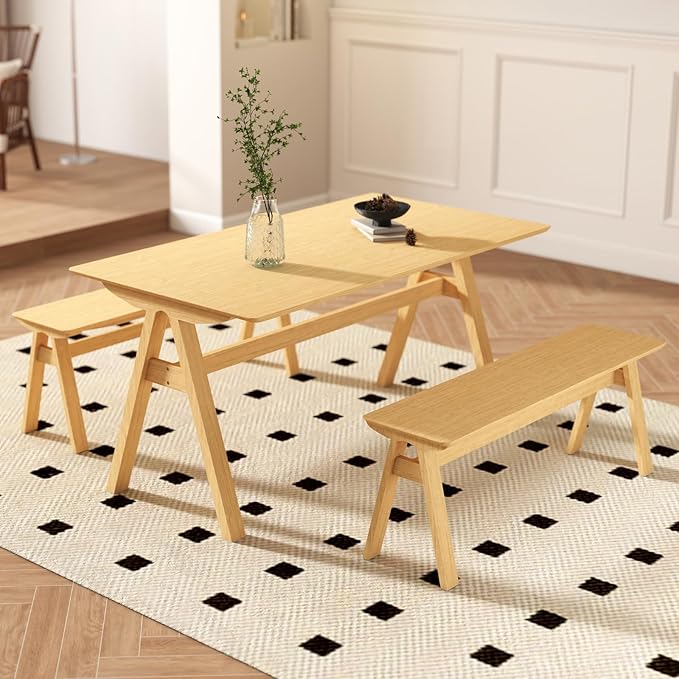 DUOMAY Solid Wood Long Dining Bench, 47" Wide Farmhouse Bench with A-Shaped Legs Mid Century Modern Entryway Bench Shoe Bench for Hallway End of Bed, Original Wood Color