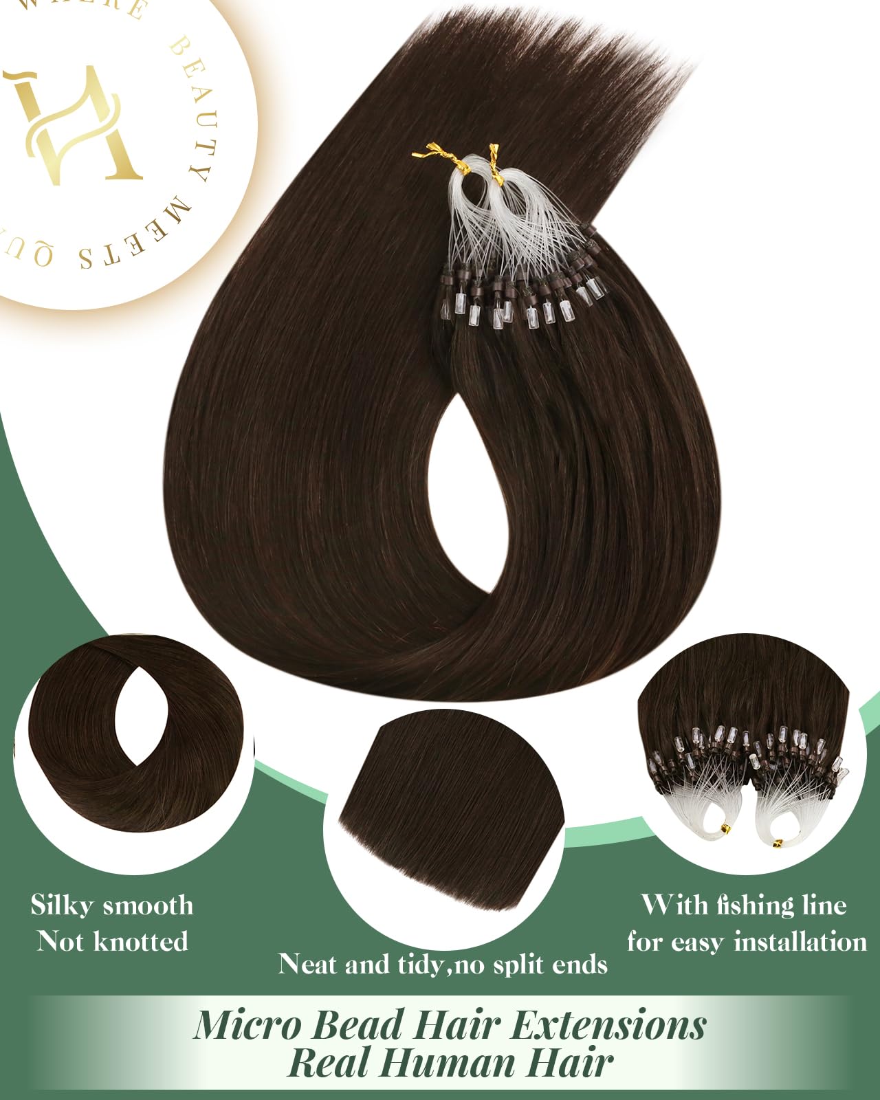 Ugeat Brown MicroLink Hair Extensions Human Hair 24 Inch Dark Brown Micro Bead Hair Extensions Real Human Hair Long Length 1g/s