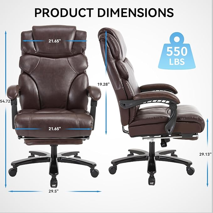 KCREAM 550lbs Heavy Duty Office Chair with Wide Seat,Big and Tall Executive Office Chair,Ergonomic Reclining Desk Chair with Footrest,PU Leather Computer Chair for Home and Office Use,Brown