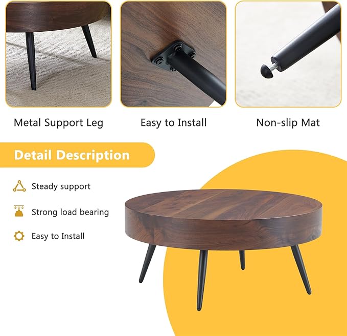 LKTART Coffee Table for Living Room, Round Wood Coffee Tables with Storage, Modern Metal Accent Center Tea Table for Apartment Small Space (31Inch-Walnut)