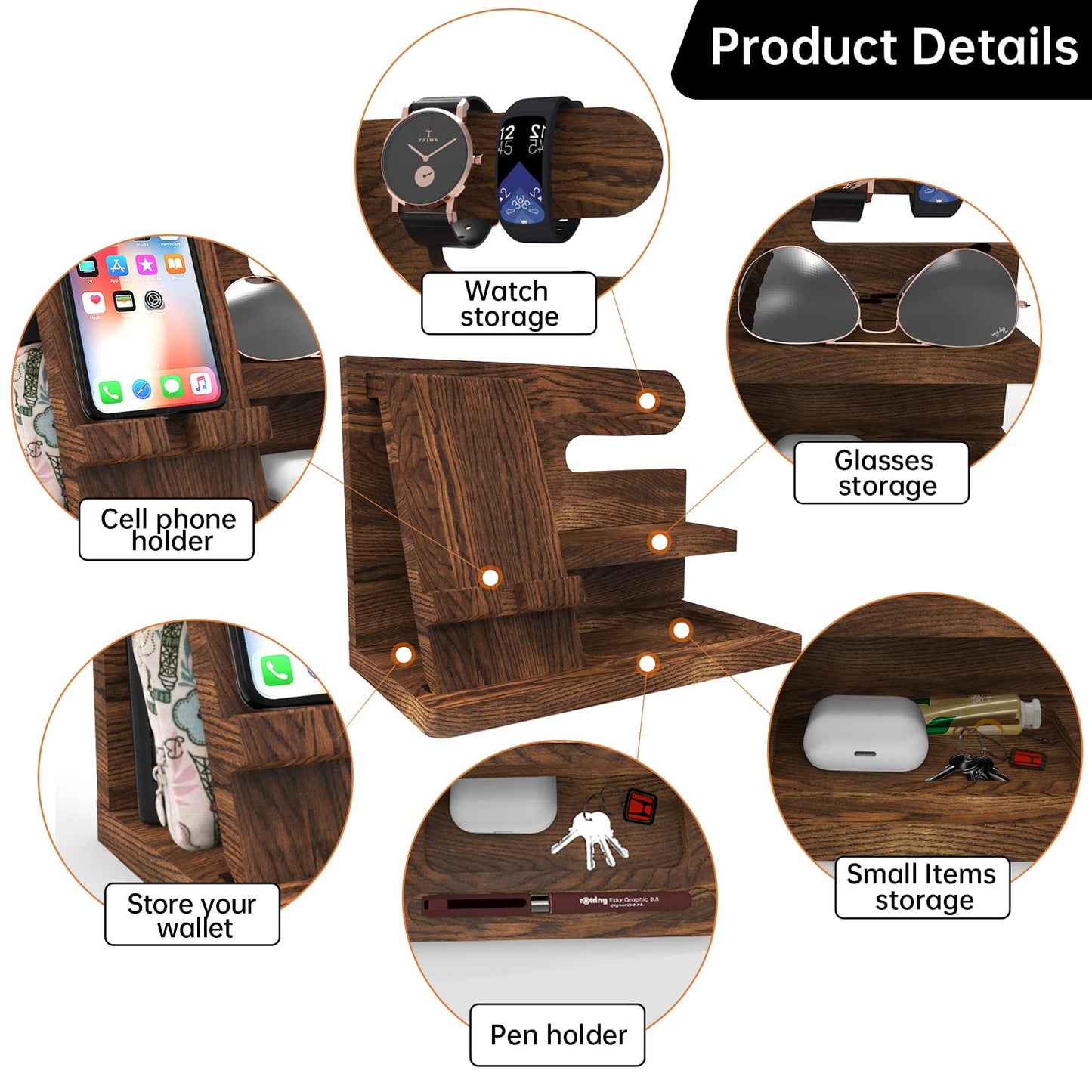 Iswabard Birthday Gifts for Men Wooden Phone Docking Station Organizer Dad Birthday Nightstand Organizer Desk Wood Gifts Valentines Day Gifts