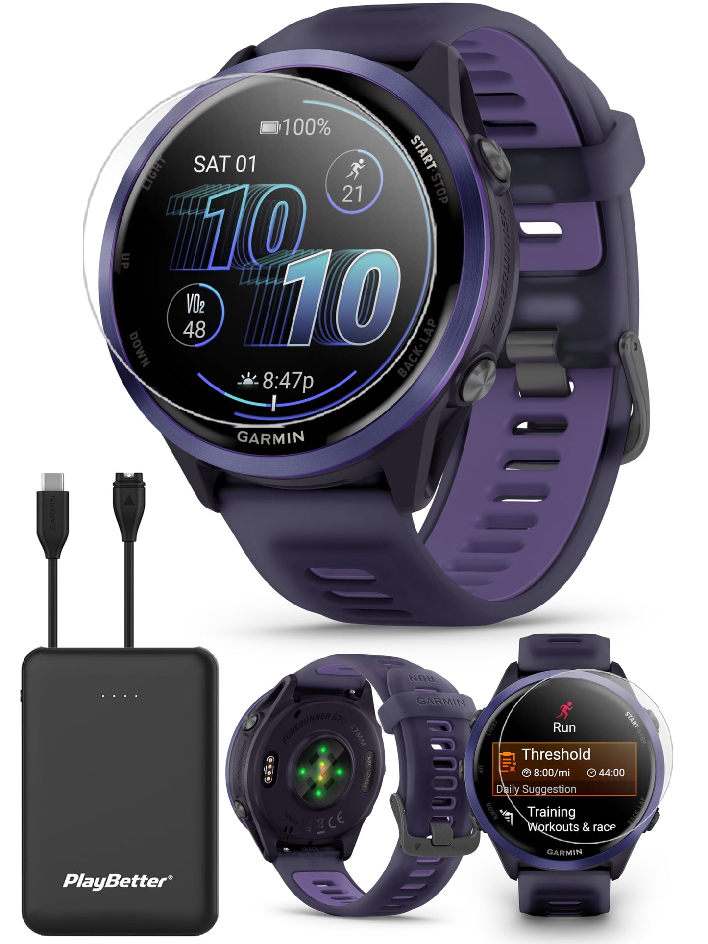 Garmin Forerunner 570 Advanced Gps Running And Triathlon Smartwatch Bundle (47 Mm, Indigo/Translucent Imperial Purple)