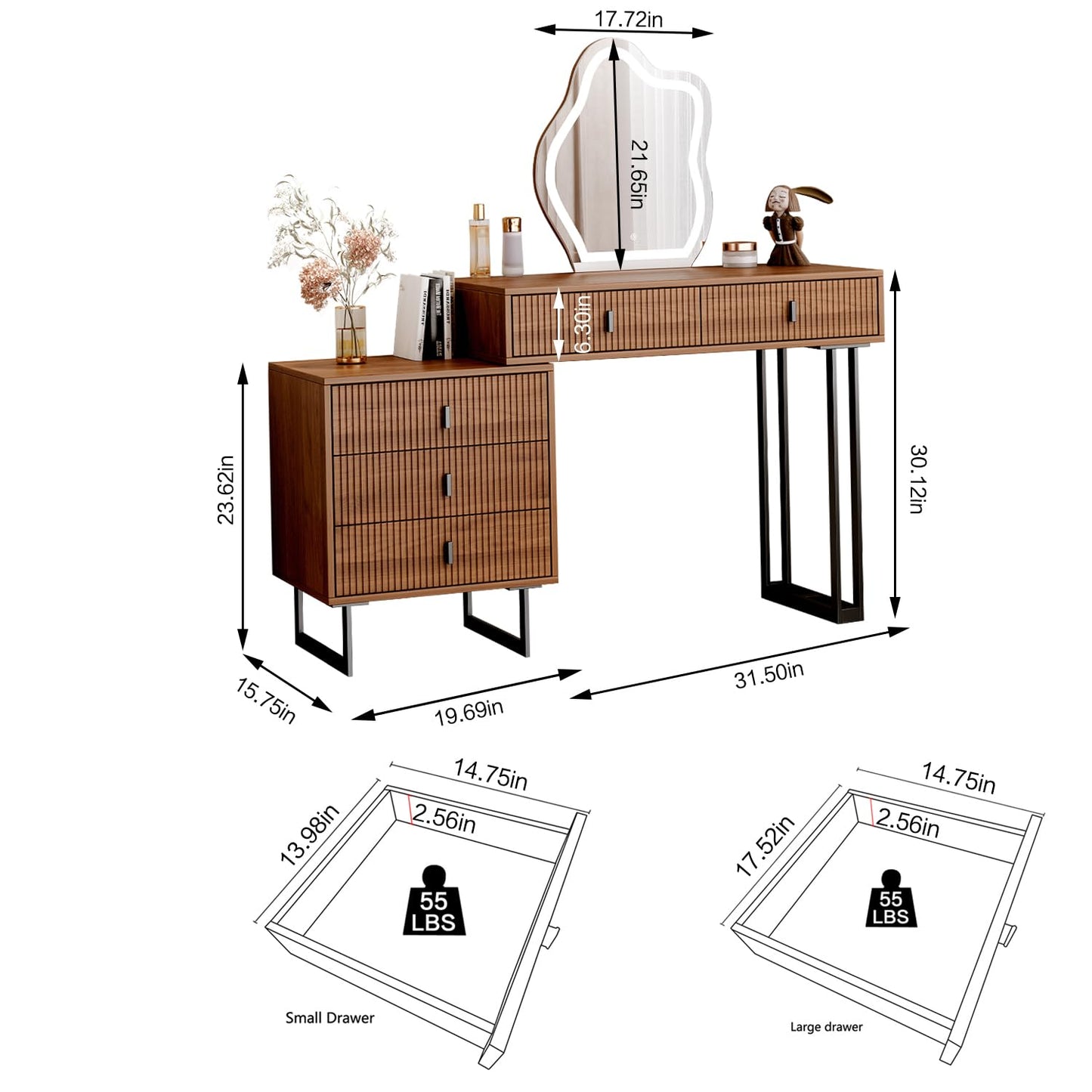 Ieejdn Brown Vanity Desk with Mirror and Lights,Small Makeup Vanity with 5 Drawers，Modern Makeup Table with Adjustable Cabinet for Bedroom,Makeup Room