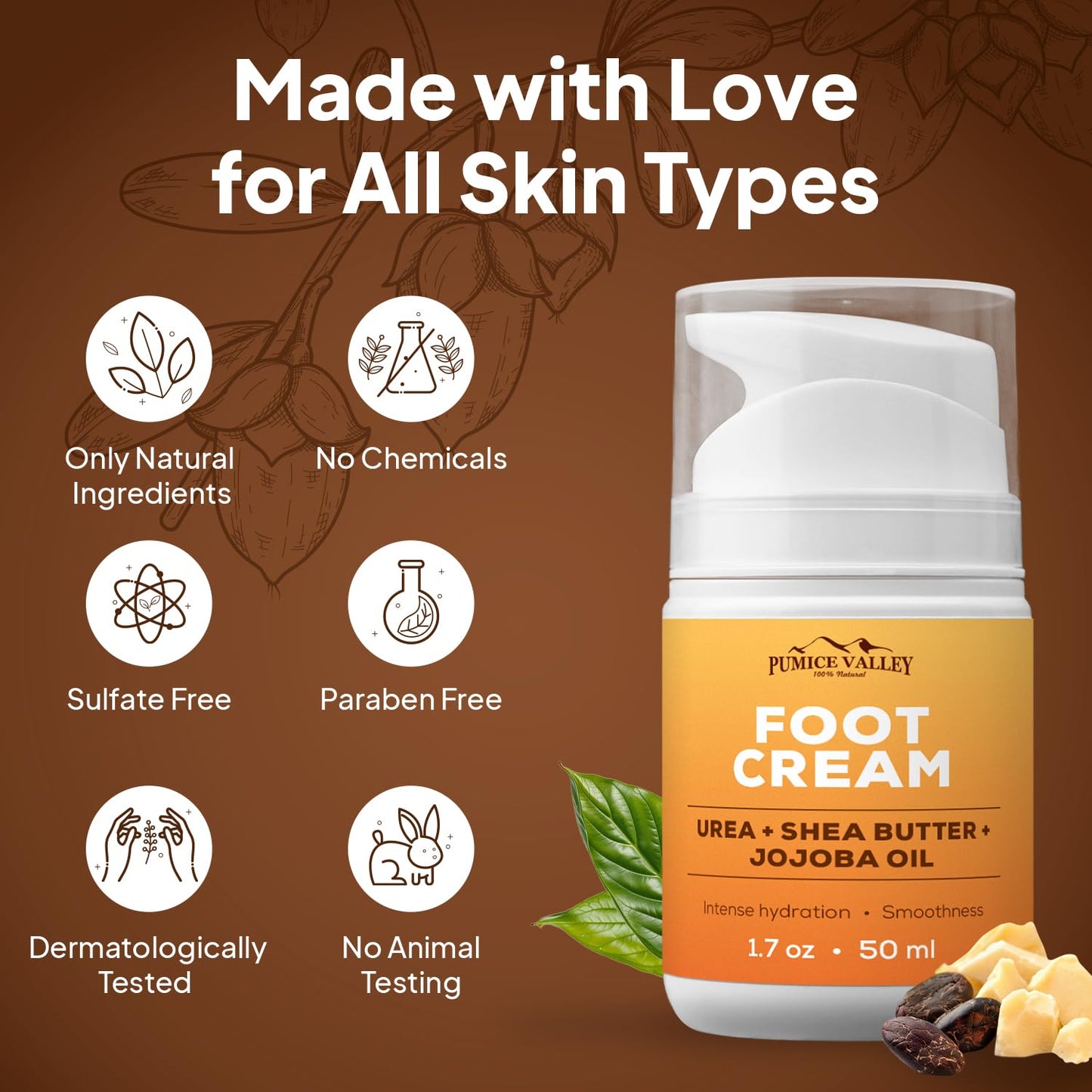 Pumice Valley Foot Cream for Dry Cracked Feet and Heels - Natural Moisturizer, Corn, Calluses Treatment - Skin, Body Lotion, Ure