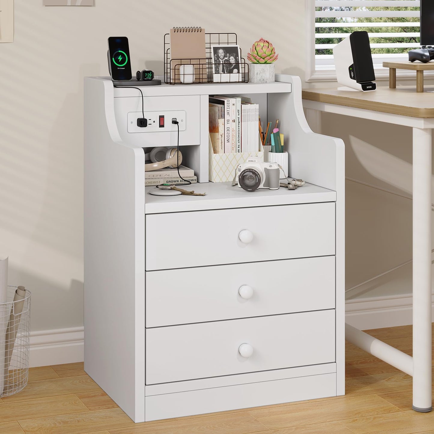 Tiptiper Nightstand with Charging Station, Night Stand with 3 Storage Drawers, Bedside Table with Hutch, Modern End Side Table for Bedroom,White