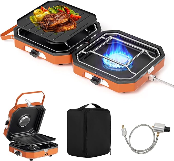 Kirumie Adjustable 2 Burner Popane Stove with 16000 BTU, Flameout Protection, with Camping Grill and Carrying Bag, Portabl...