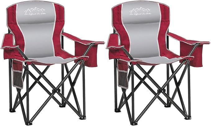 SAILARY Camping Chair Heavy Duty High Back Folding Chair with Cup Holder, 450lbs Capacity, Padded Seat, Cooler Bag & Storage Pocket, Portable for Outdoor, Beach, Fishing, Sports, 2 Pack Red