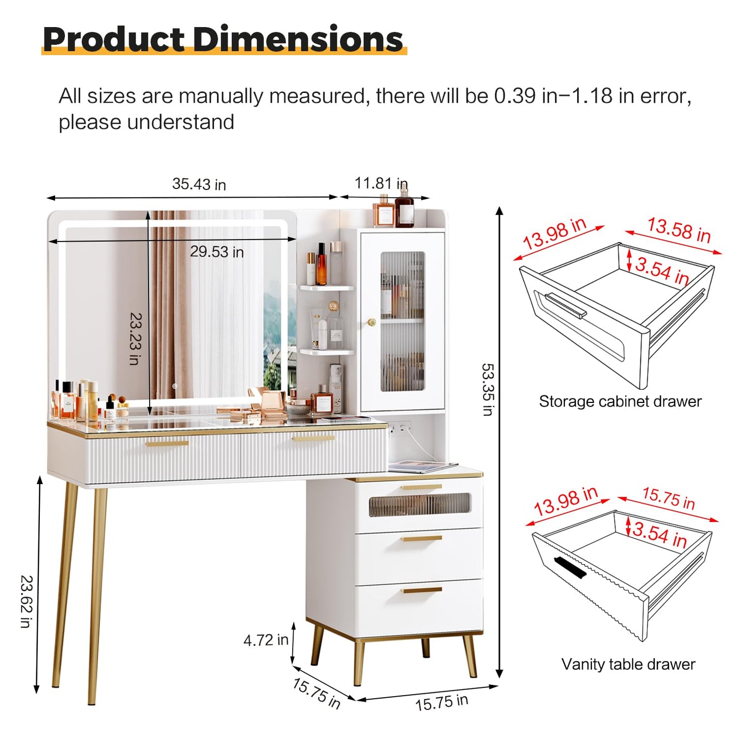 Arulvmrn Vanity Desk with 29.53" HD Lighted Mirror, 47.24" Big Modern Vanity Desk with Mirror and Lights, Makeup Vanity with 5 Drawers and Storage Shelves and Charging Station, White