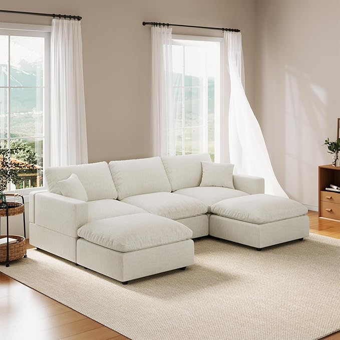 Cloud Couch Modular Sectional Sofa, 95.4" 5-Seater U Shaped Sectional Couches for Living Room, Convertible Cloud Sofa with Ottoman, Down Filled Wide & Deep Seat, Removable Washable Cushion Covers