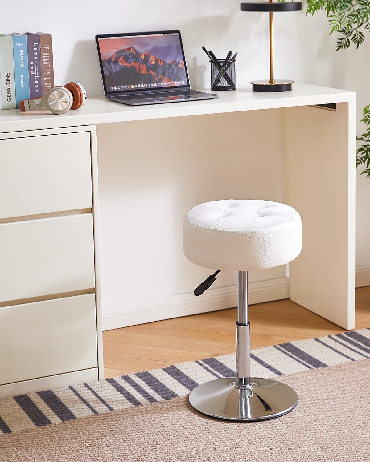 IBUYKE Height Adjustable 360°Swivel Vanity Stool, Tufted Round Vanity Chair for Makeup Room, Faux Leather Vanity Stool for Bathroom, Living Room, Modern Ottoman, White WBD025W