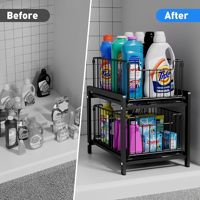 2 Tier Sliding Basket Drawer Organizer, Lxmons Pull Out Under Sink Cabinets Organizers, Metal Home Shelf for Bathroom or Kitchen, Sliding Countertop or Pantry Storage Shelf, Large Black