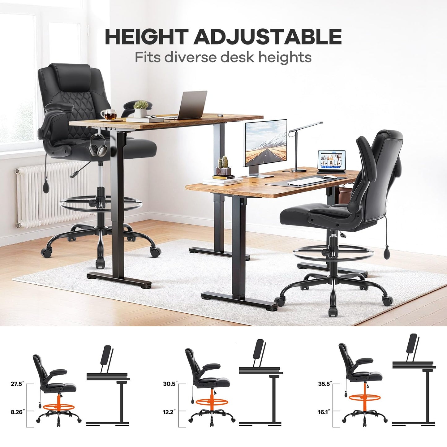 Morkprism Leather Drafting Chair, Tall Office Chair for Standing Desk, High Executive Office Chair with Inflatable Lumbar Support,Adjustable Height,Flip-up Armres and Foot Ring Studio Chair Black