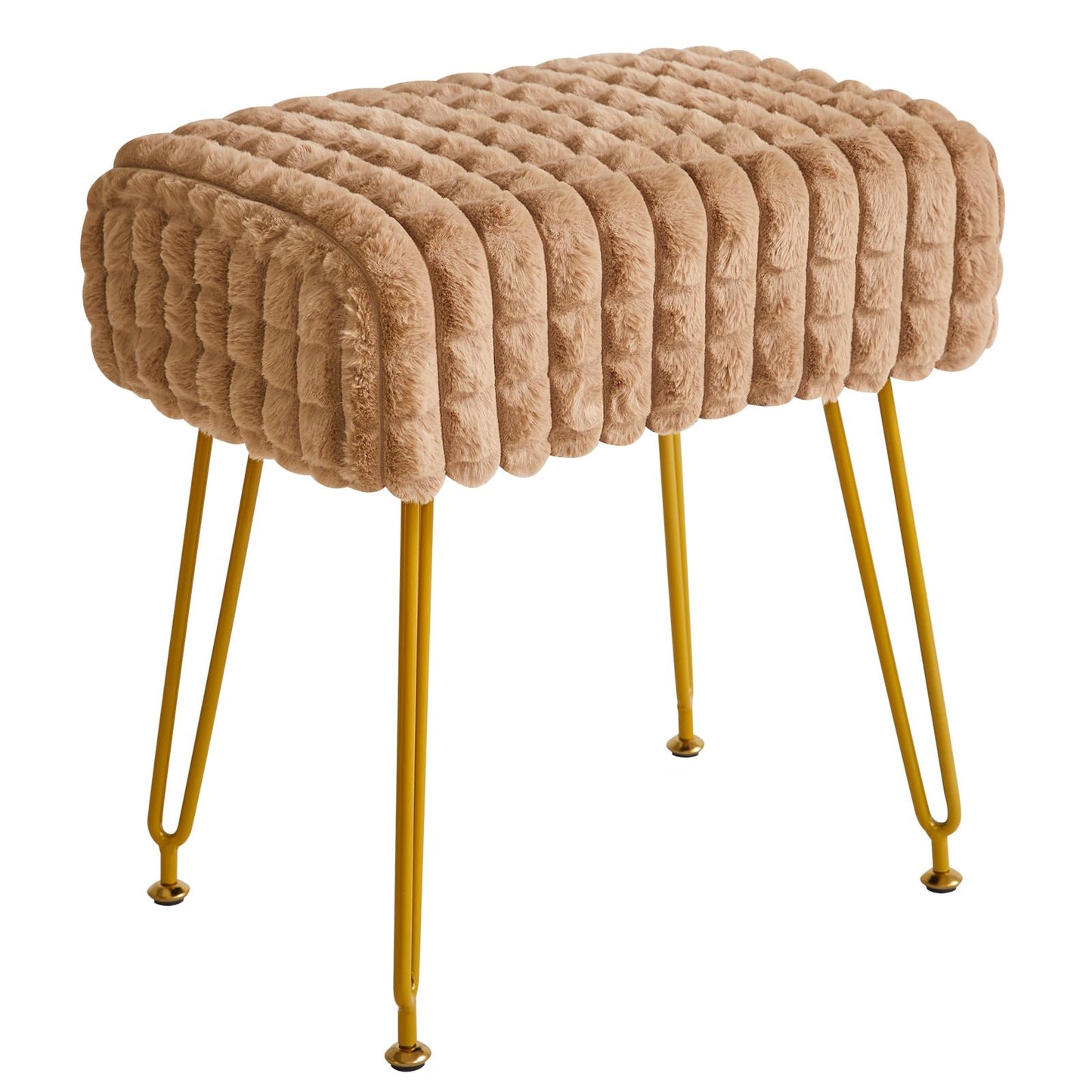 IBUYKE Rectangular Footrest Stool Ottoman, Makeup Vanity Stool Side Table, Velvet Dressing Table Seat, Footstool Chair, Golden Steel Legs, for Makeup Room, Bedroom, Square Grid Pattern, Khaki WBD003K