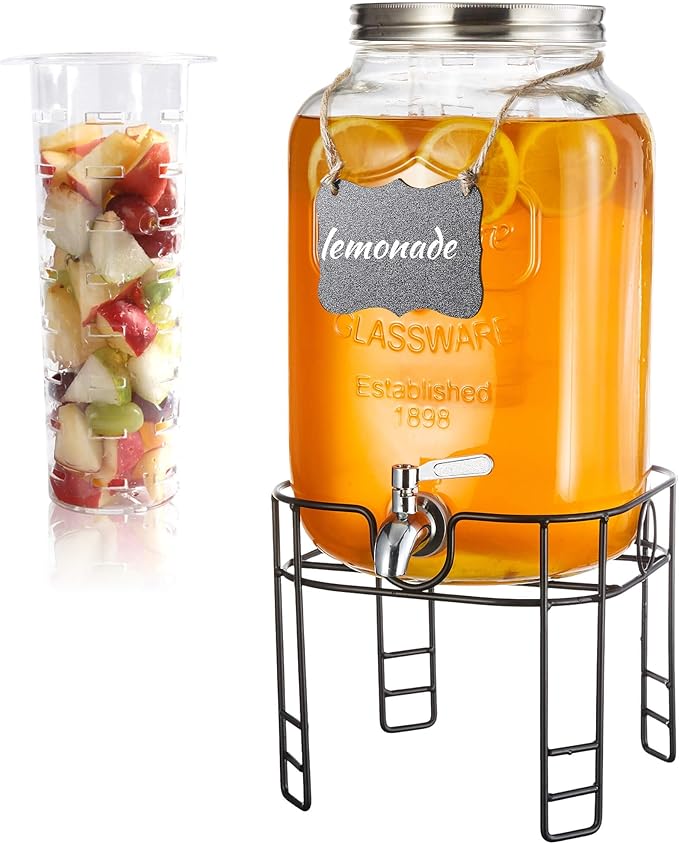 2 Gallon Drink Dispensers for Parties, Beverage Dispensers with Stand, Glass Water Jug Dispenser, with 18/8 Stainless Stee...