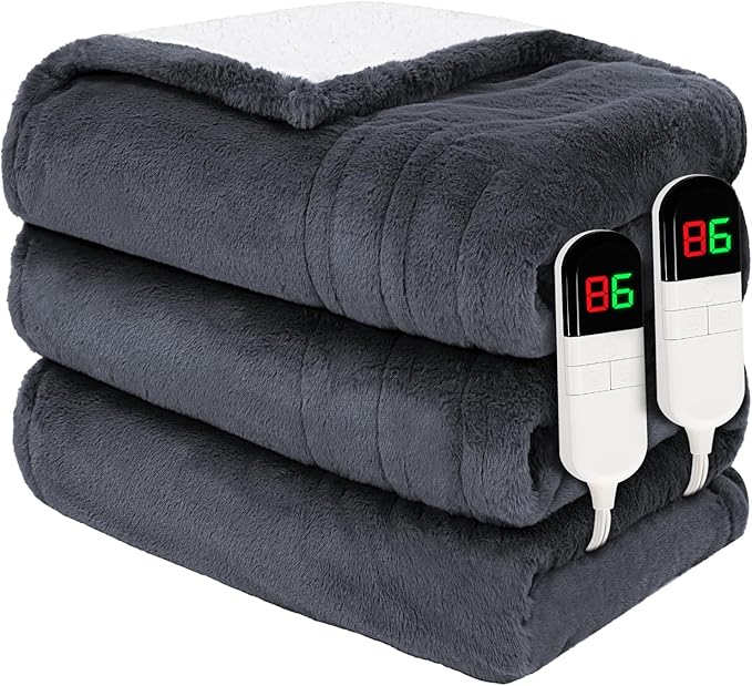 Premium Heated Blanket King 90"×100",Ultra Cosy Soft with 8 Heating Levels,Dual Control Plush Fast Heating Faux Rabbit Fur Blanket for Bed - Auto Shut Off,Machine Washable(Grey)