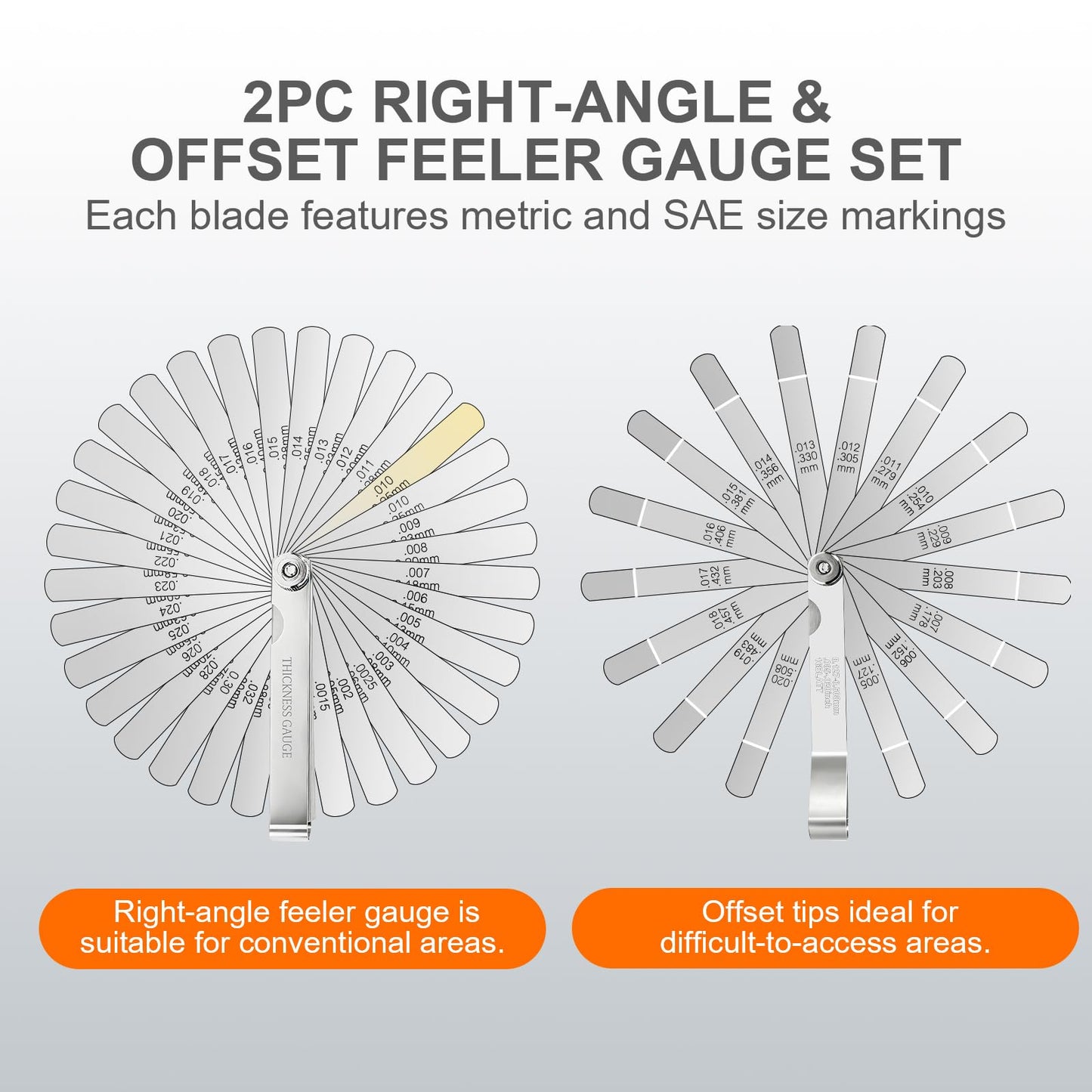 Tokyzexi 2Pcs Stainless Steel Feeler Gauge Set,32 Straight Blades Feeler Gauge&16 Pieces Angled Feeler Gauge Set, Measure Gap and Thickness for Guitar, Spark Plug, Valves Piston Measure Filler Gauge