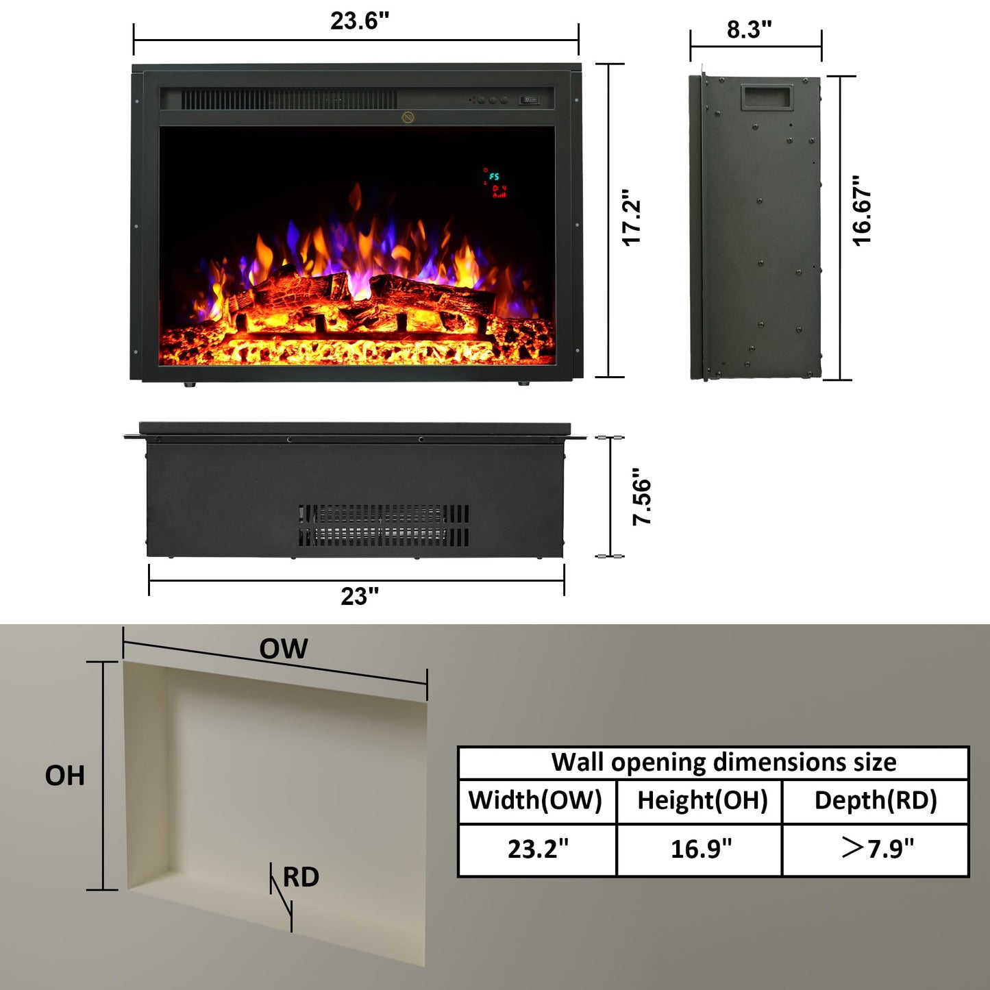 23.6 Inch Electric Fireplace Insert, Recessed Electric Fireplace Heater with Adjustable Brightness, Weekly Timer, Remote Control, Overheat Protection, 750/1500W