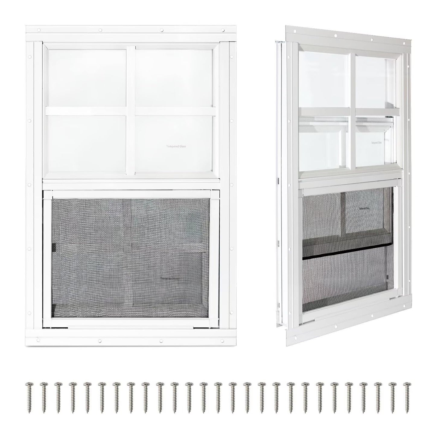 COLORPAPA 2 Pack Shed Windows,24" x 36" Small Sliding Windows,Flush Mount Windows with Tempered Glass and Fiberglass Screen for Shed, Chicken Coop, Playhouse, Household, Garage, Barns (White)