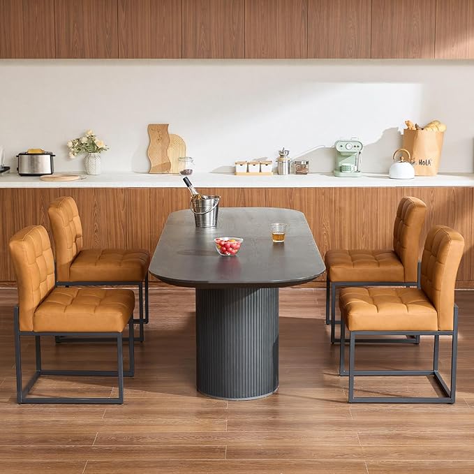 GrandNoor Brown Faux Leather Dining Chairs Set of 4, Mid-Century Modern Dining Room Chairs with Armless, Checkered Kitchen Chair with Metal Legs