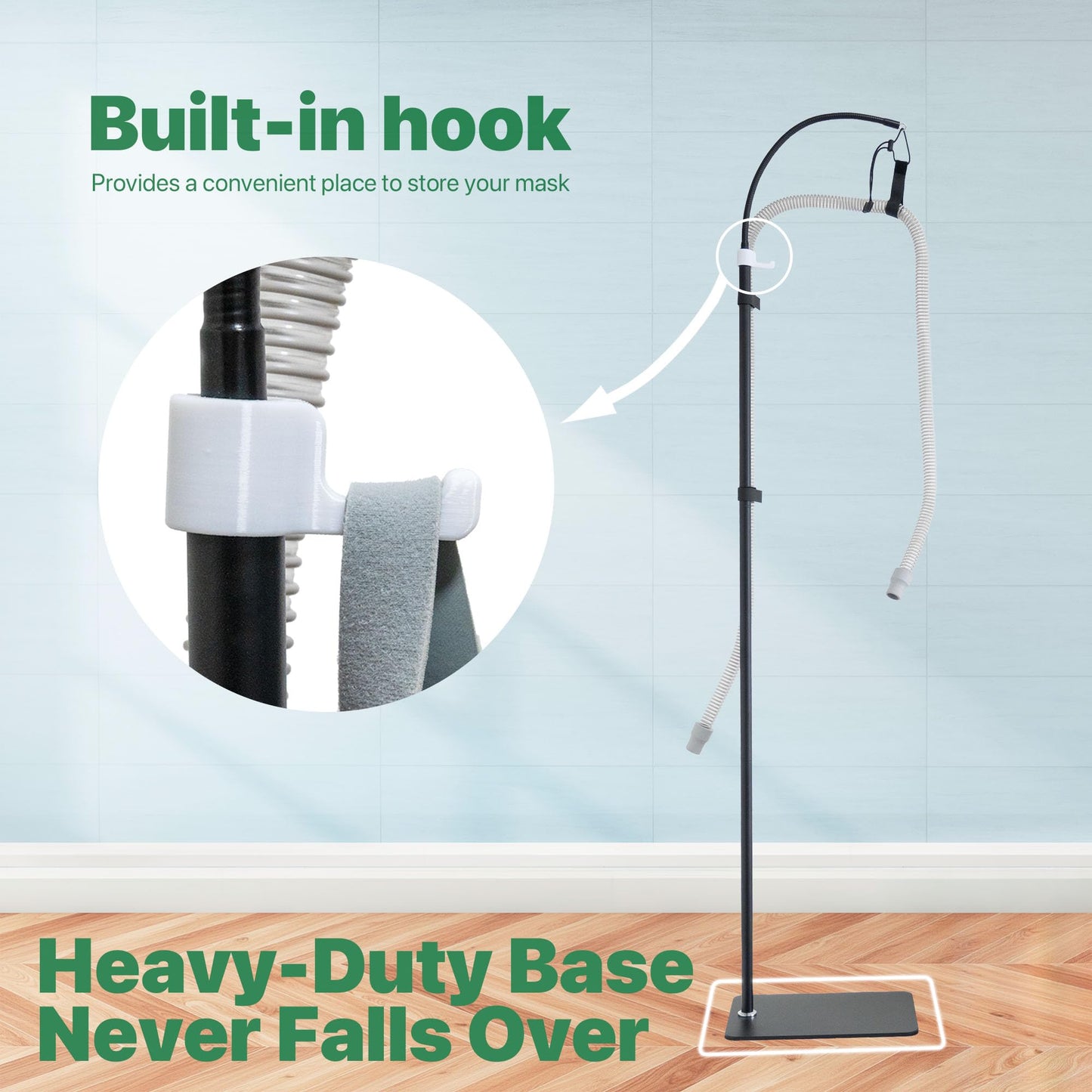 CPAP Hose Holder Stand for Improving Sleep Comfort- Customizable Height & Position for All Bed Heights, Includes Mask Hook & Tube Straps, Prevents Hose Pulling & Tangling