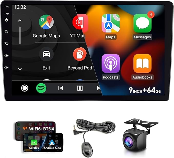 Lunavo 9" 64GB Wireless CarPlay Android Auto Car Stereo, Double Din HD Touch Screen Radio, Bluetooth 5.4, Backup Camera, G...